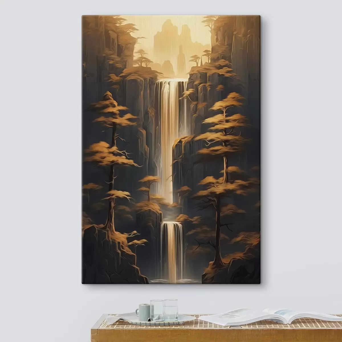 murales de pared Altos acantilados con una cascada y pinos a la luz del atardecer s46151