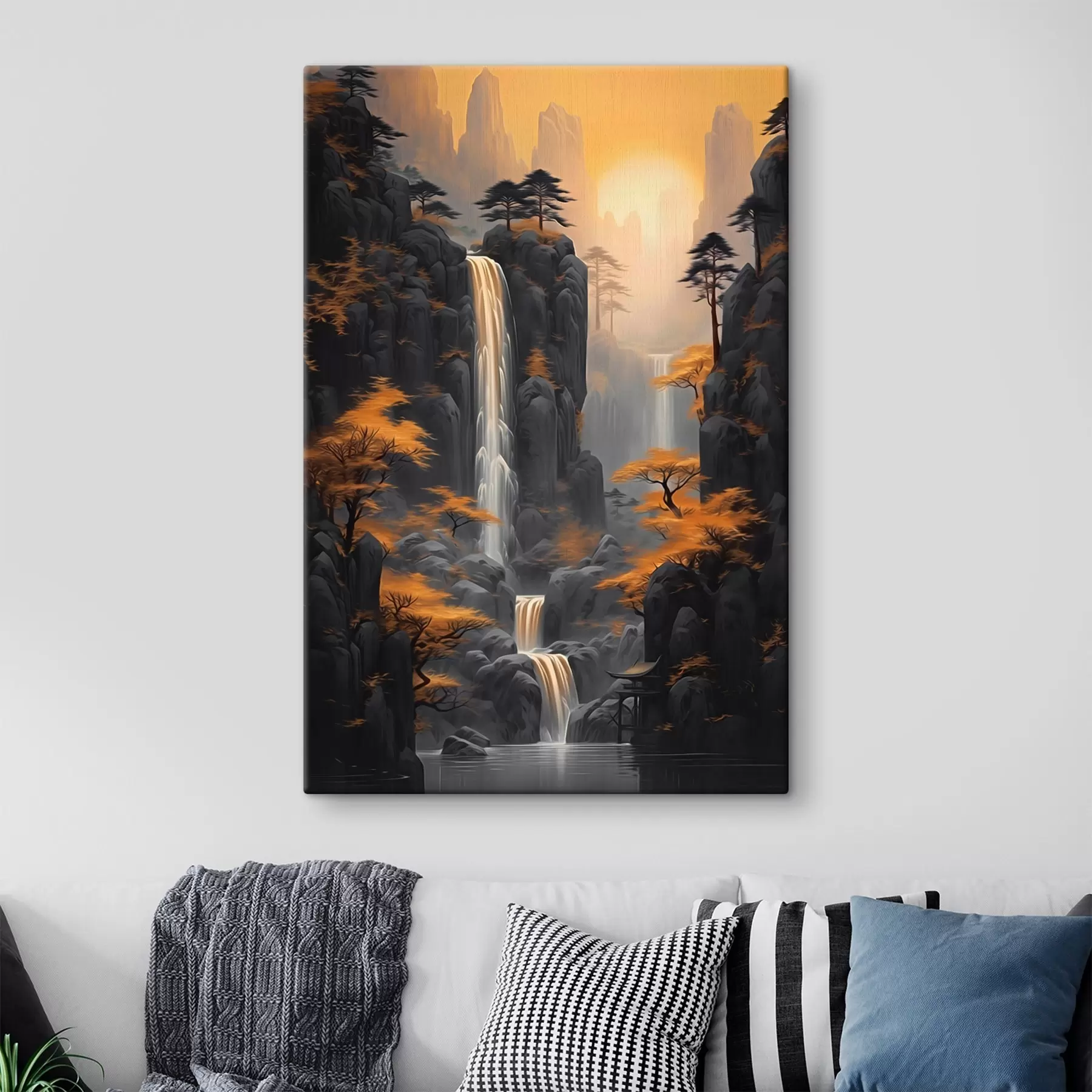murales de pared Paisaje rocoso con una cascada en cálidos tonos del atardecer s46177