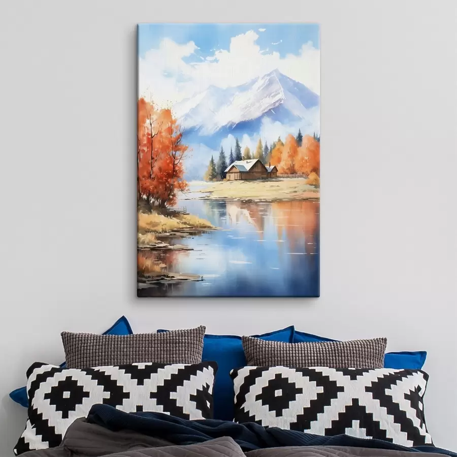 murales de pared Paisaje otoñal junto al lago con una casa y montañas s46184