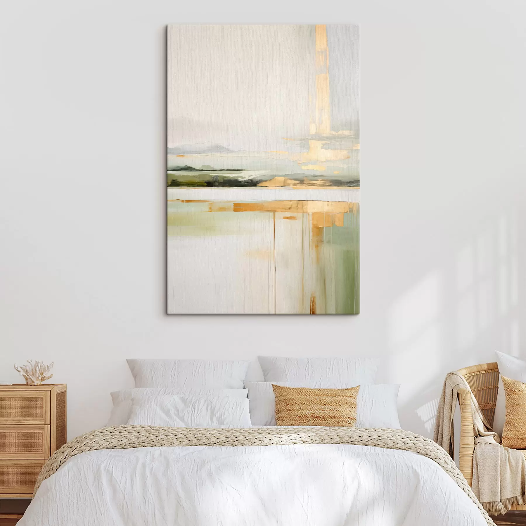 murales de pared Paisaje abstracto con toques amarillos, una composición minimalista de tierra, agua y cielo, con colores apagados s46268