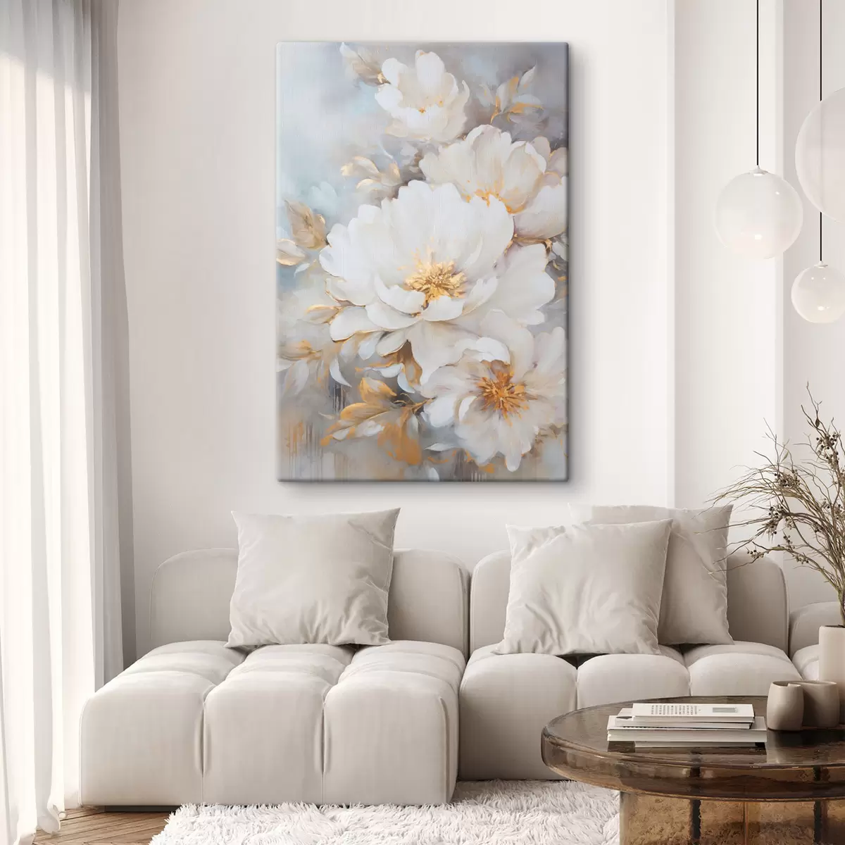 murales de pared Peonías blancas con centros y hojas amarillas, pinceladas suaves, fondo azul claro, arreglo floral s46271