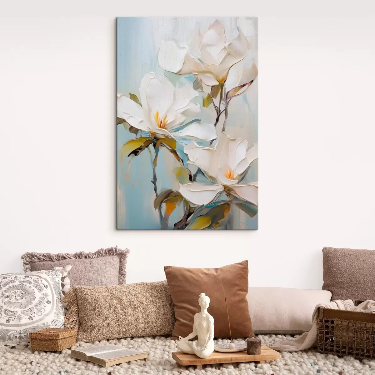 murales de pared Flores blancas de magnolia, fondo azul claro con suaves pinceladas, estilo pintura al óleo, textura impasto s46276