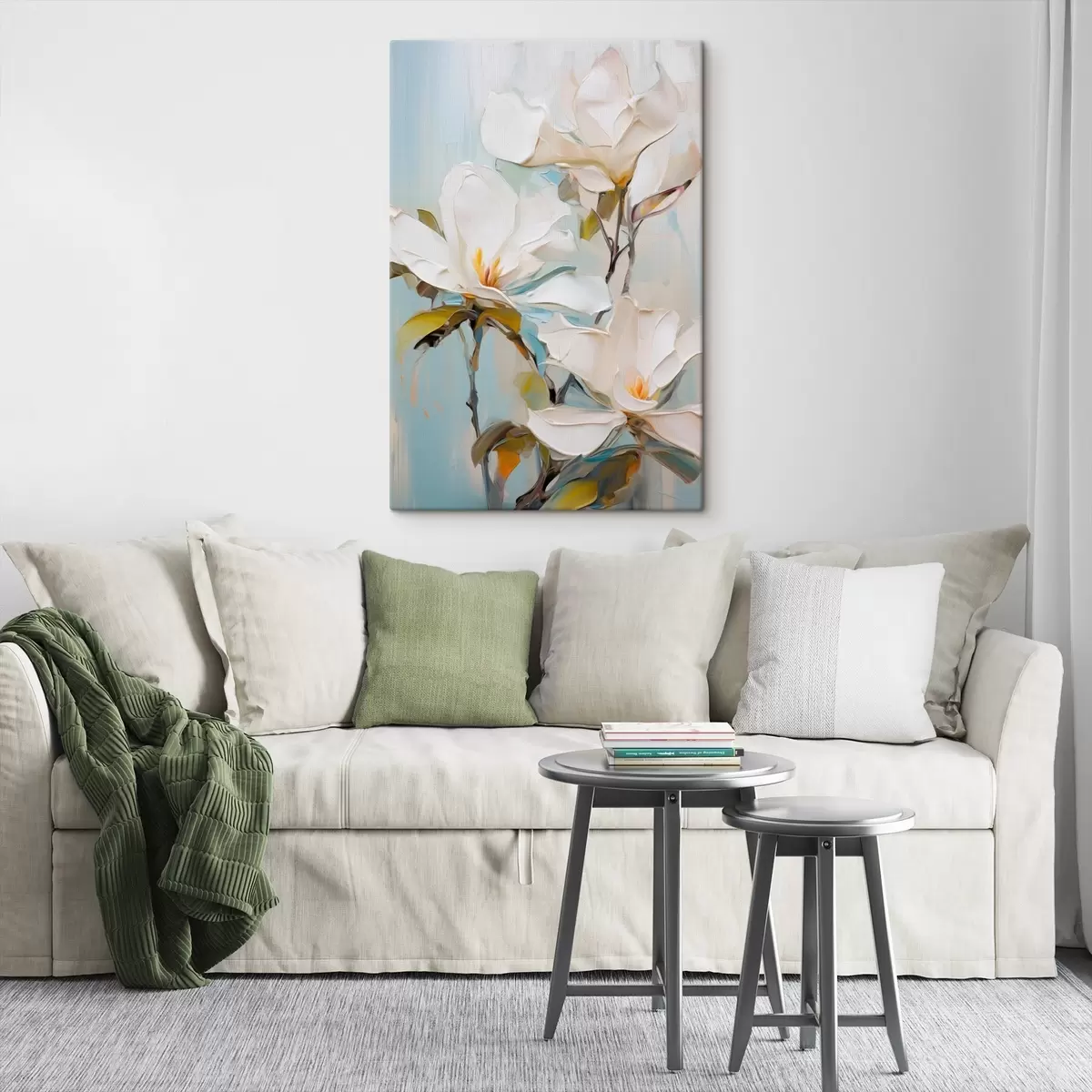 murales de pared Flores blancas de magnolia, fondo azul claro con suaves pinceladas, estilo pintura al óleo, textura impasto s46276