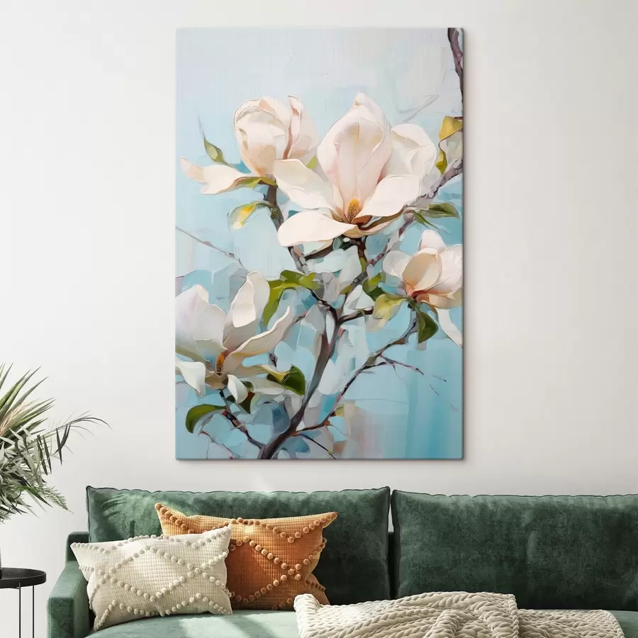 murales de pared Flores blancas de magnolia, fondo azul claro con suaves pinceladas, estilo pintura al óleo, textura impasto s46277