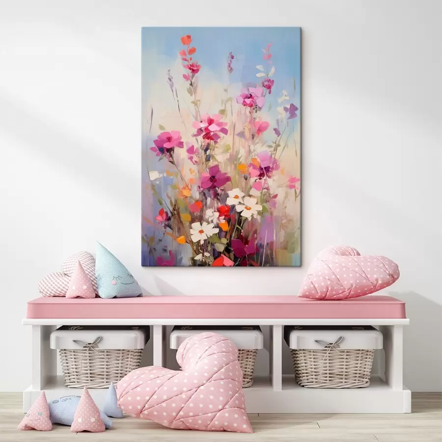 murales de pared Unas flores de colores vivos, rosa, blanco y verde, sobre un fondo suave en tonos pastel. s46278