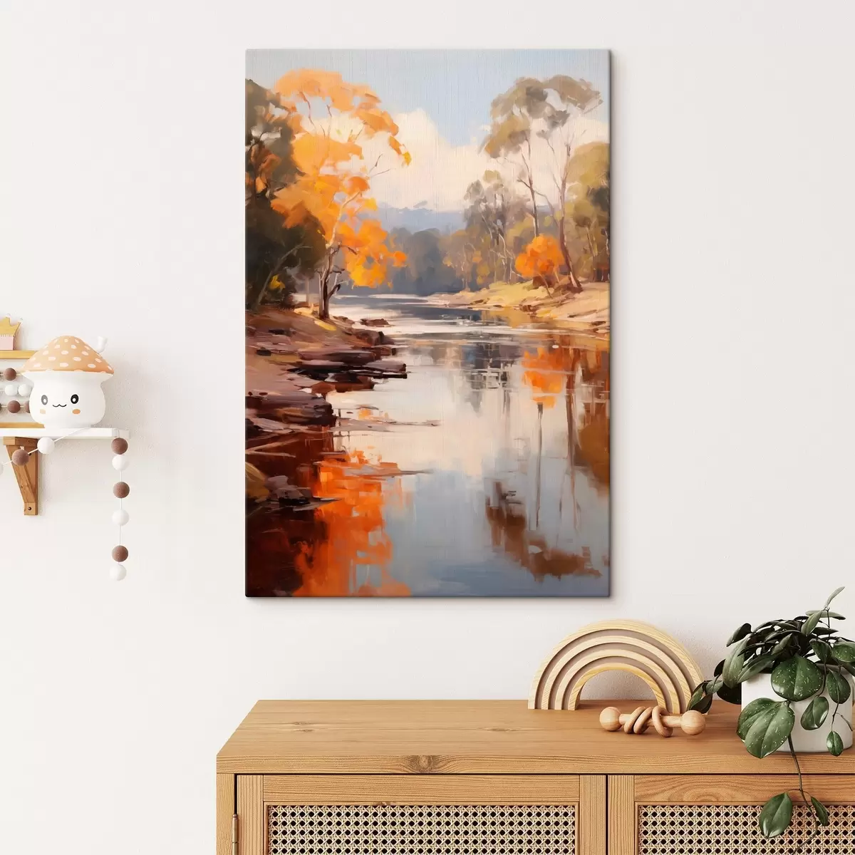 murales de pared Paisaje otoñal, río con árboles en la orilla, bosque al fondo, reflejos en el agua s46280