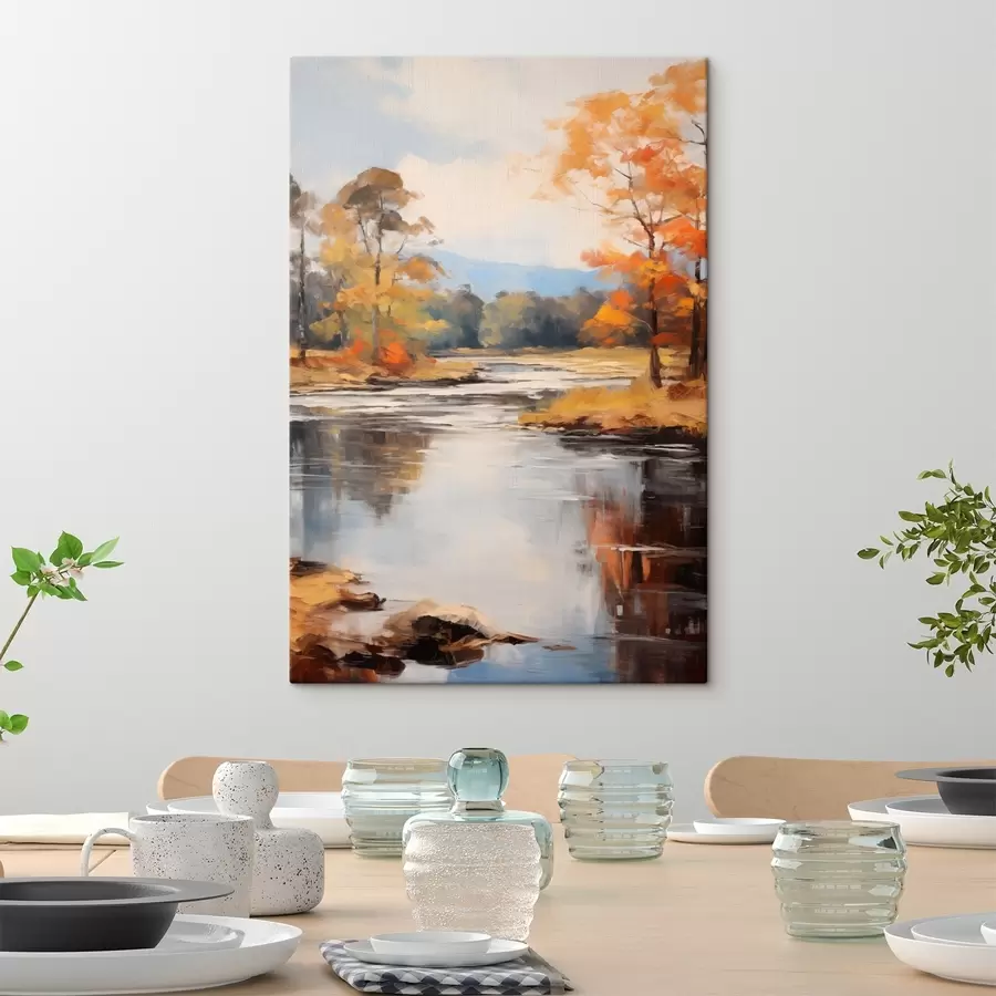 murales de pared Paisaje con un río que fluye a través de un bosque en otoño, árboles amarillos y naranjas, estilo pictórico s46281