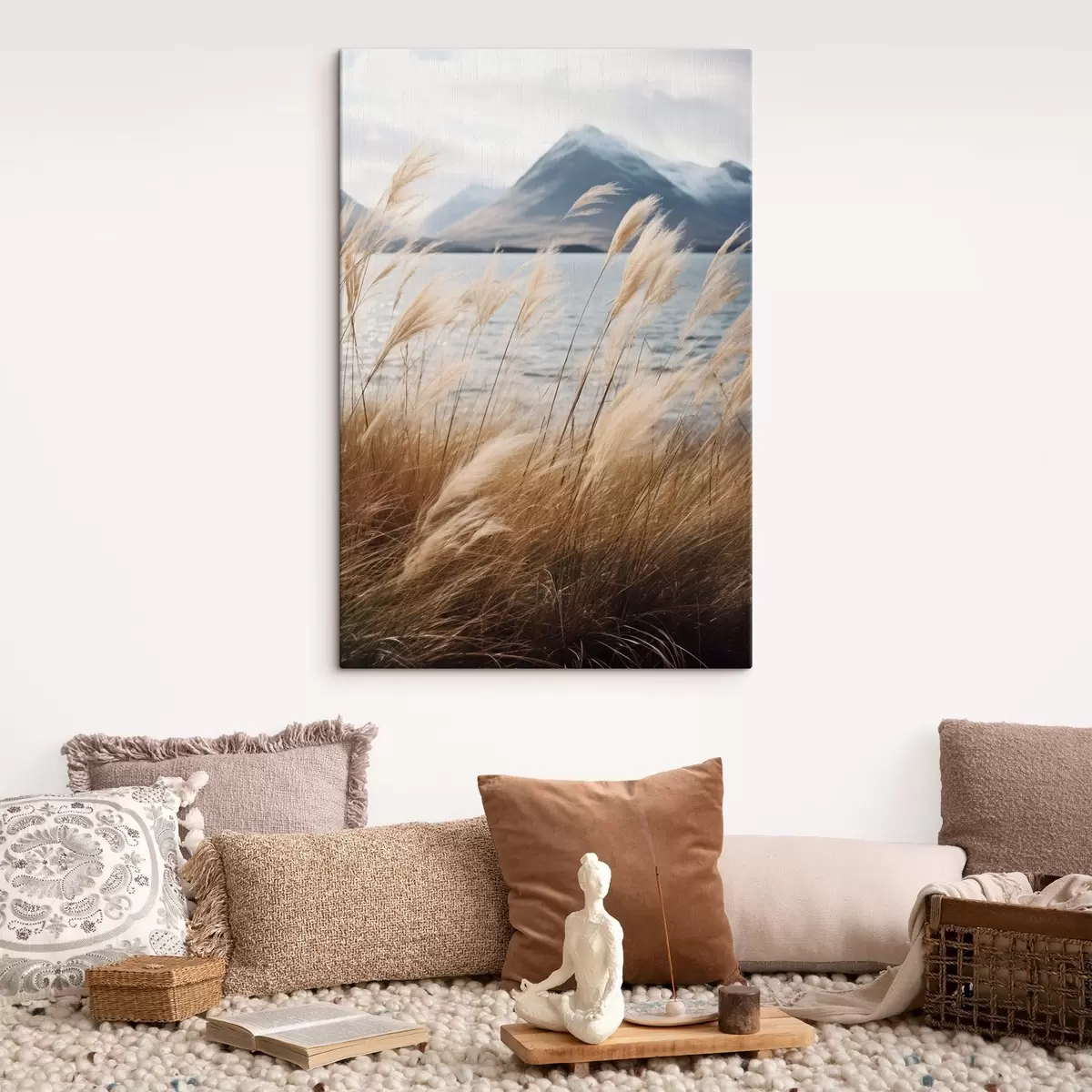 murales de pared Hierba de la pampa con un lago y montañas al fondo, iluminación suave, colores apagados, estilo naturalista s46283