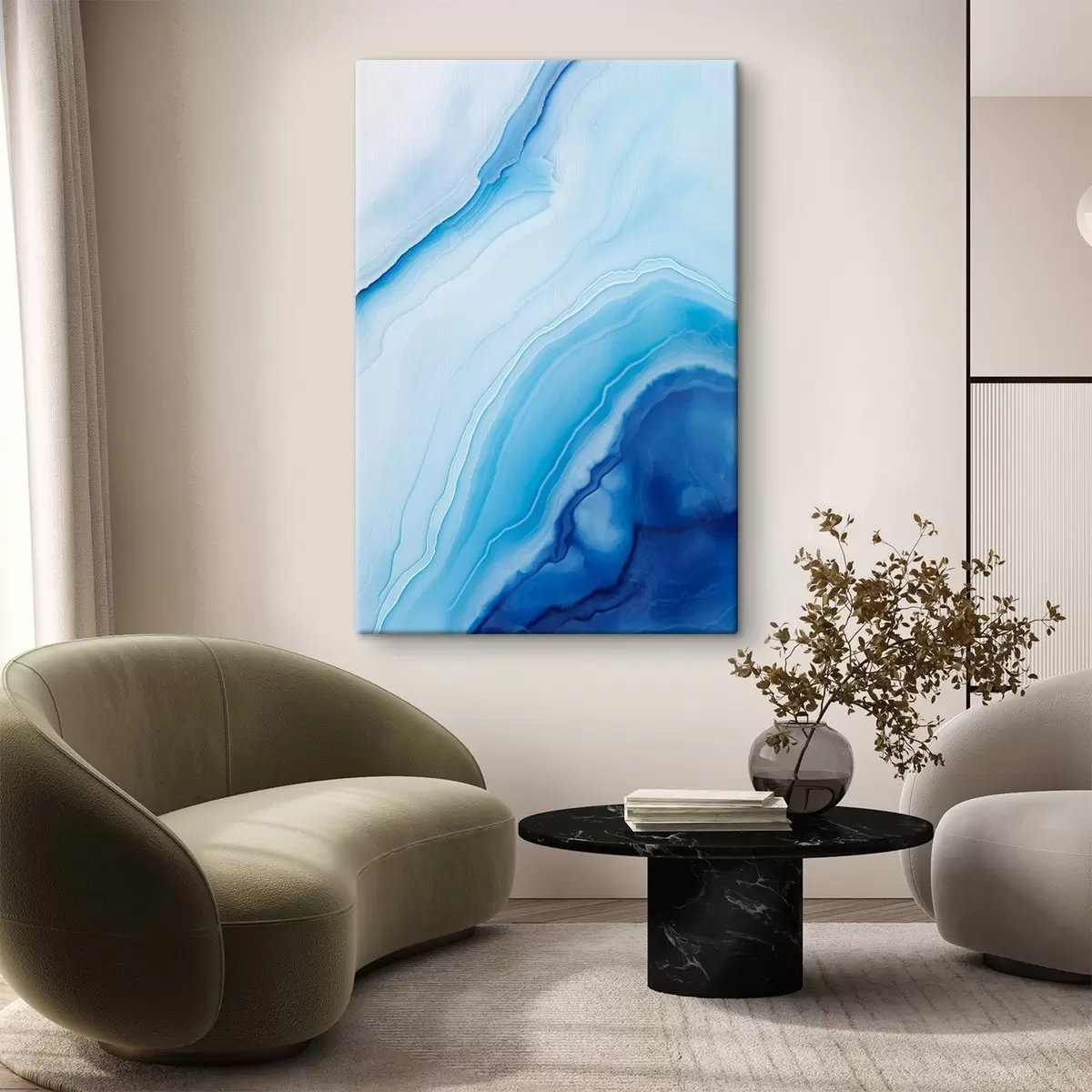 murales de pared Estampado abstracto de ágata azul y blanca, líneas y degradados en espiral, textura suave, arte moderno, minimalista s46290