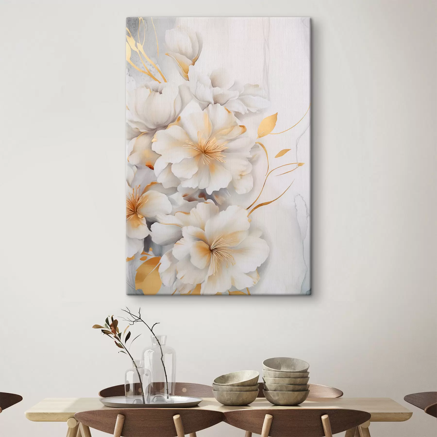 murales de pared Flores blancas con detalles amarillos, pétalos con sombras sutiles, fondo claro con un sutil efecto marmolado s46292