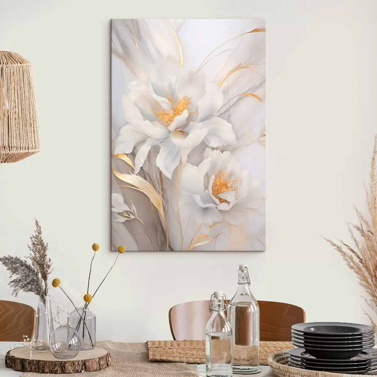 murales de pared Flores blancas con pistilos y tallos amarillos, pétalos delicados, composición elegante, fondo neutro s46293