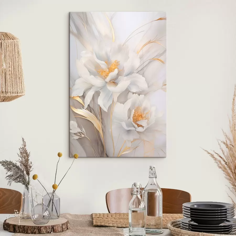 murales de pared Flores blancas con pistilos y tallos amarillos, pétalos delicados, composición elegante, fondo neutro s46293