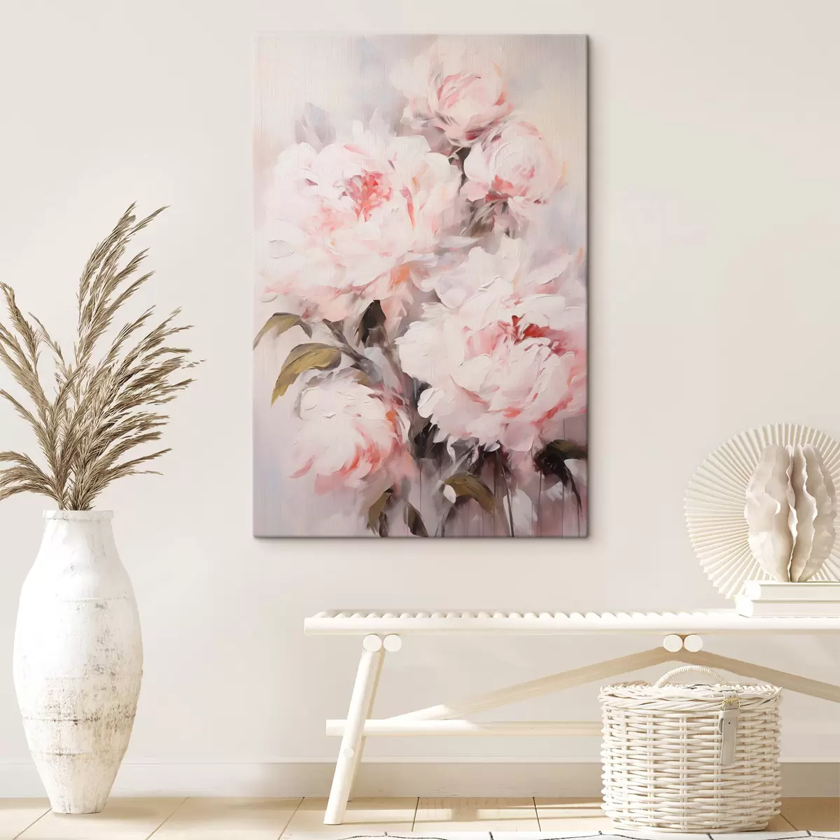 murales de pared Ramo de peonías rosa claro con hojas verdes, pinceladas suaves, colores pastel, sobre un fondo claro. s46294