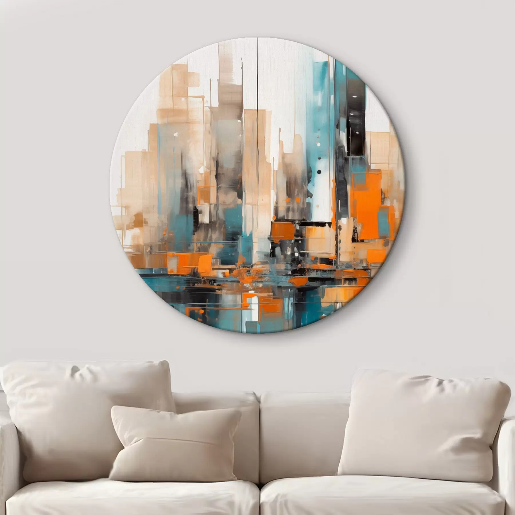 murales de pared Paisaje urbano abstracto con pinceladas verticales en naranja, verde azulado y marrón, y formas geométricas r46266