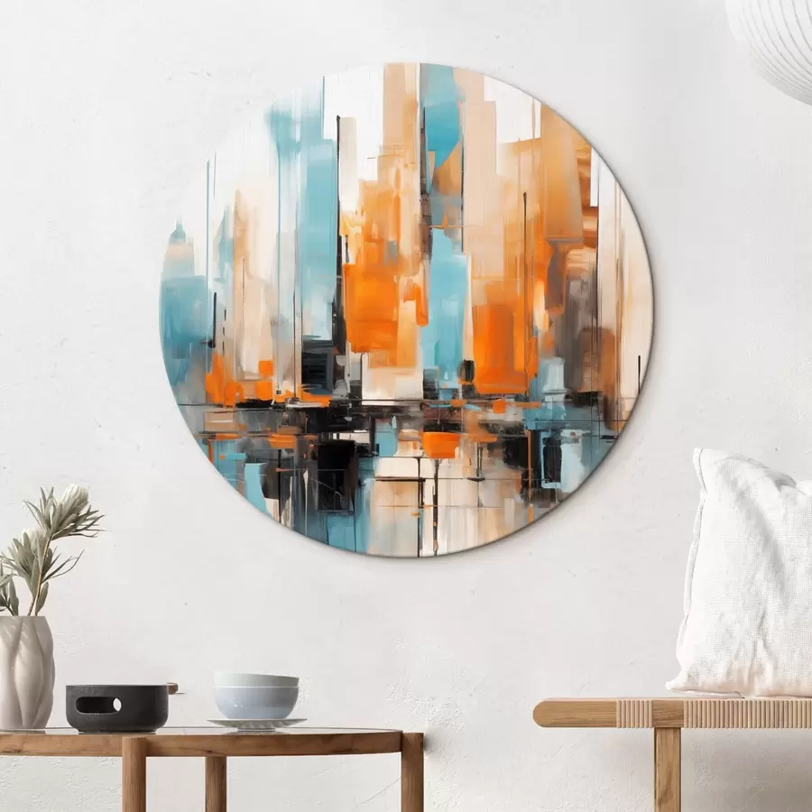 murales de pared Paisaje urbano abstracto con pinceladas verticales en tonos naranjas, azules y blancos, estilo pictórico r46267