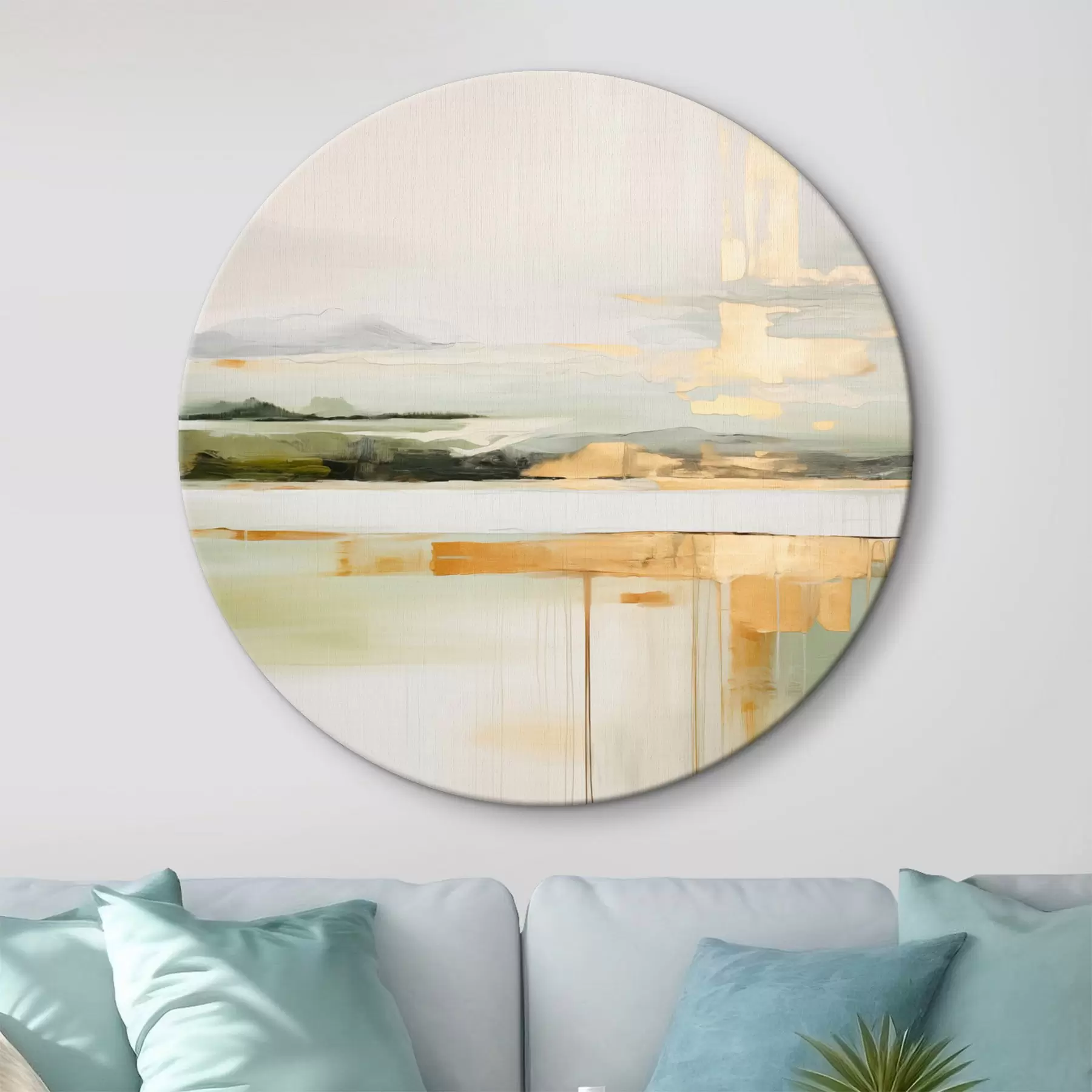 murales de pared Paisaje abstracto con toques amarillos, una composición minimalista de tierra, agua y cielo, con colores apagados r46268