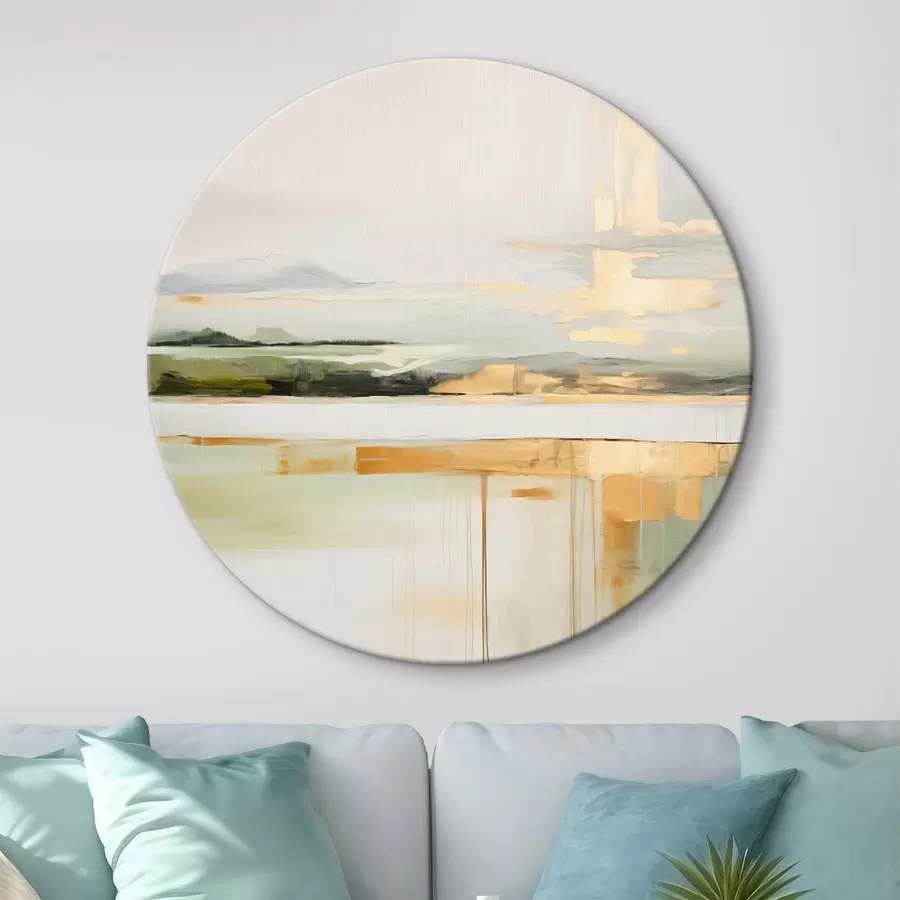 murales de pared Paisaje abstracto con toques amarillos, una composición minimalista de tierra, agua y cielo, con colores apagados r46268