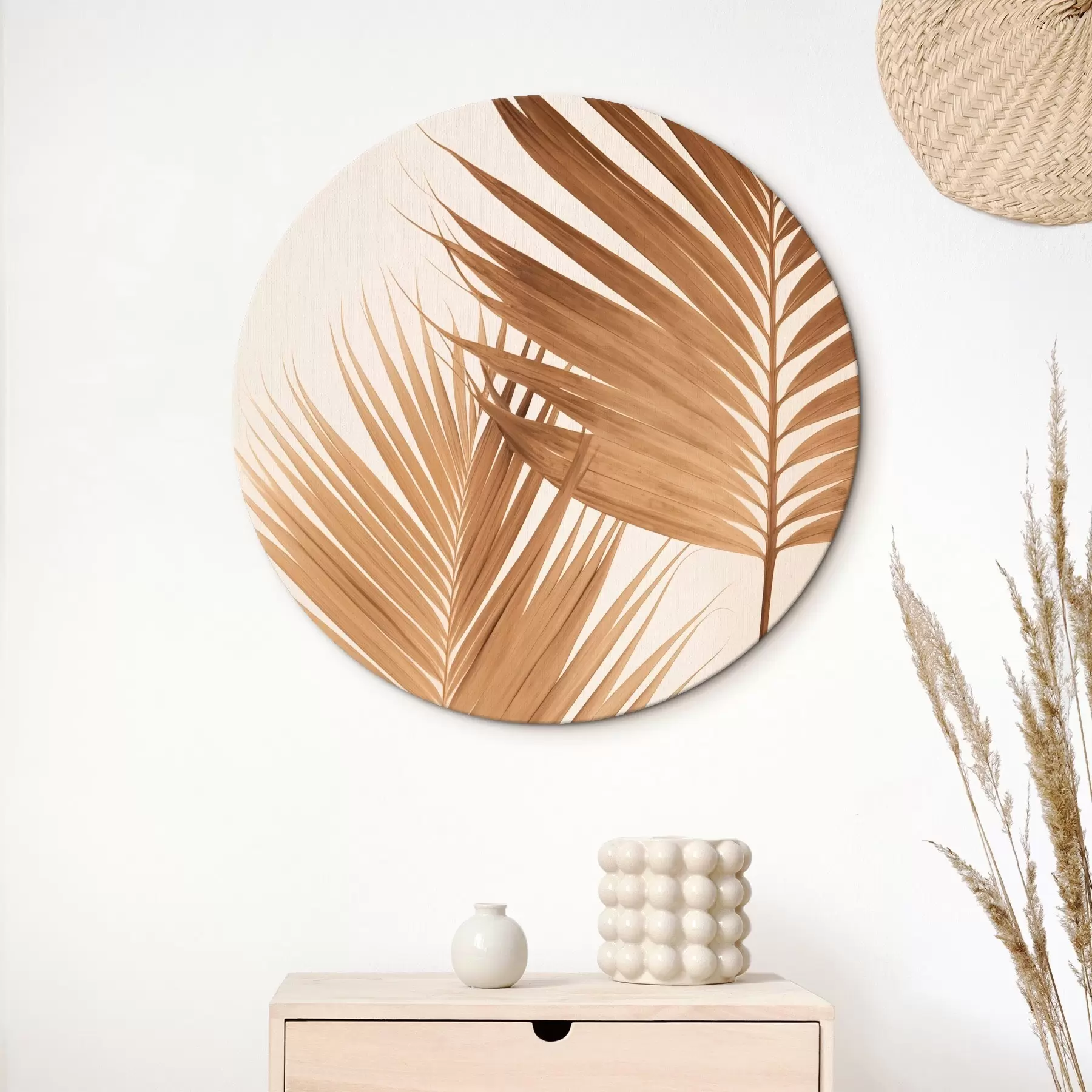 murales de pared Hojas de palmera en tonos marrones, fondo neutro, estilo minimalista, iluminación natural, ambiente tropical r46274