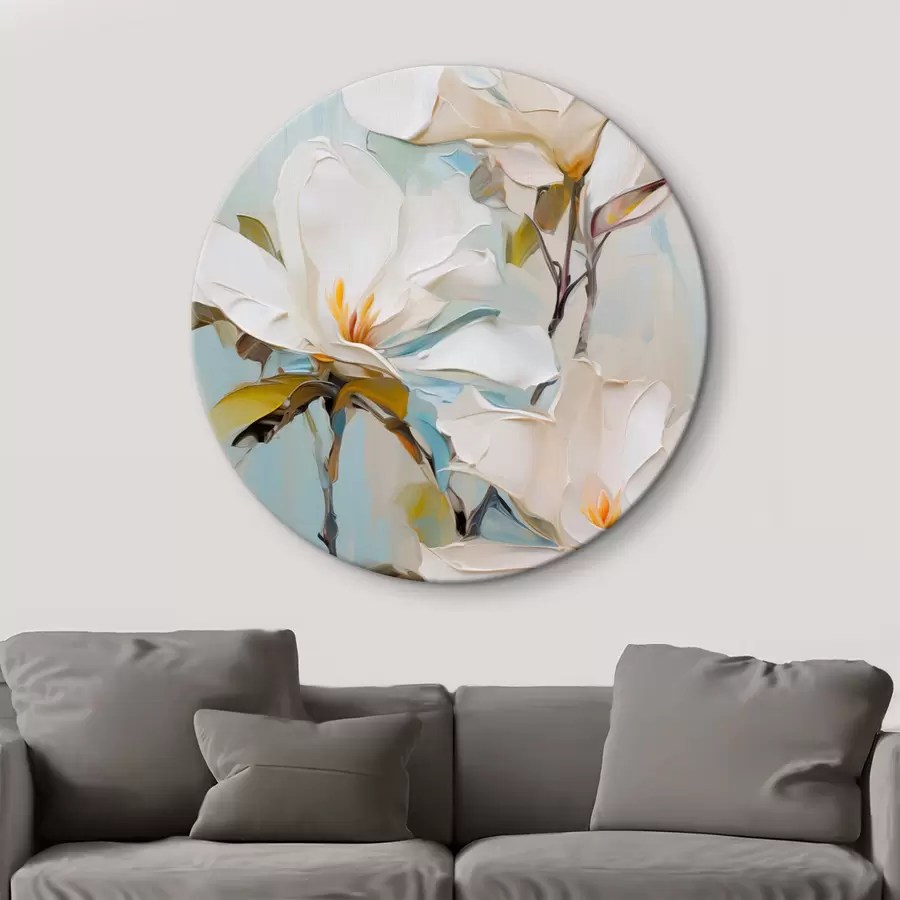 murales de pared Flores blancas de magnolia, fondo azul claro con suaves pinceladas, estilo pintura al óleo, textura impasto r46276