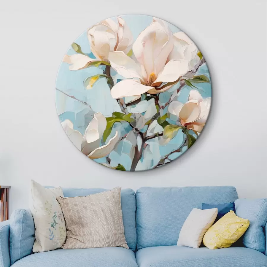 murales de pared Flores blancas de magnolia, fondo azul claro con suaves pinceladas, estilo pintura al óleo, textura impasto r46277