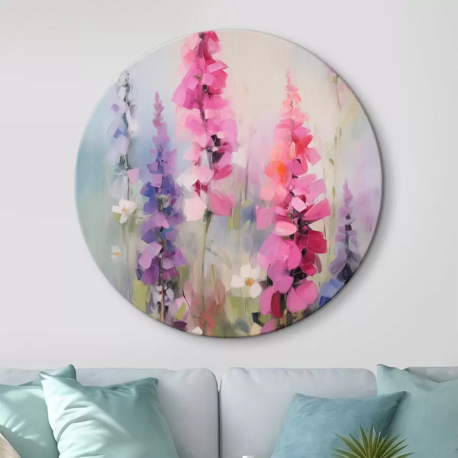 murales de pared Flores rosas y moradas con margaritas blancas en un campo, pinceladas suaves, colores pastel, estilo impresionista r46279