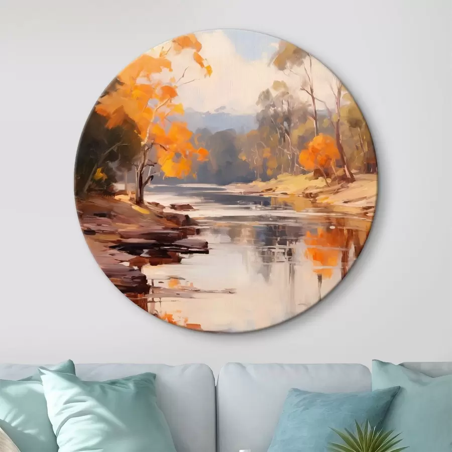 murales de pared Paisaje otoñal, río con árboles en la orilla, bosque al fondo, reflejos en el agua r46280