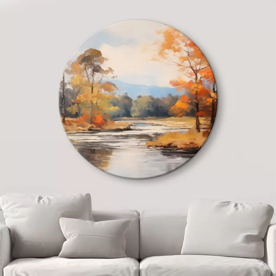 murales de pared Paisaje con un río que fluye a través de un bosque en otoño, árboles amarillos y naranjas, estilo pictórico r46281