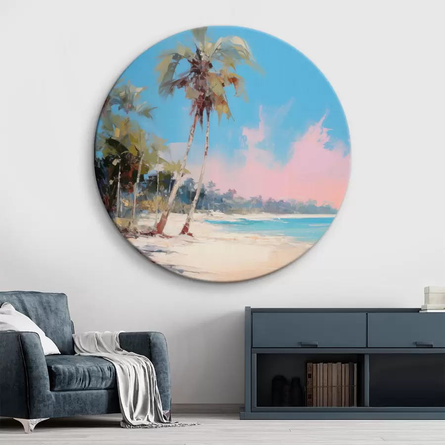 murales de pared Playa tropical abstracta con arena blanca y palmeras, cielo azul con nubes blancas r46285