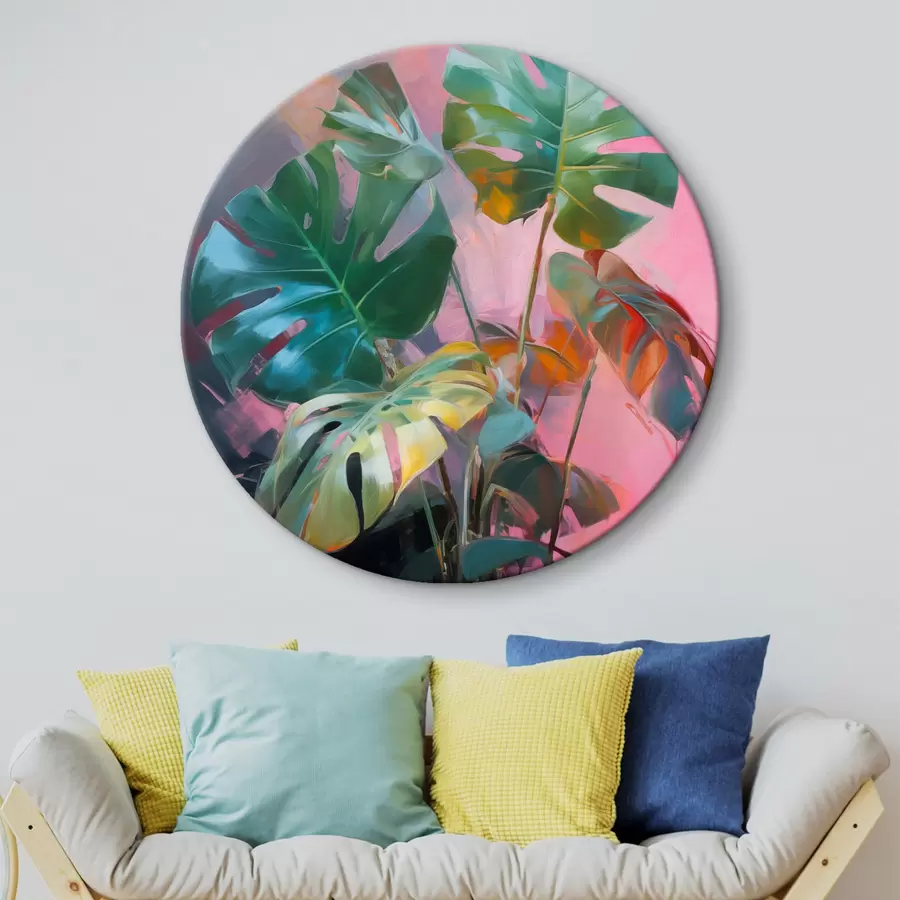murales de pared Planta monstera abstracta con hojas de un verde intenso, sobre un fondo de suaves tonos rosados y morados r46286