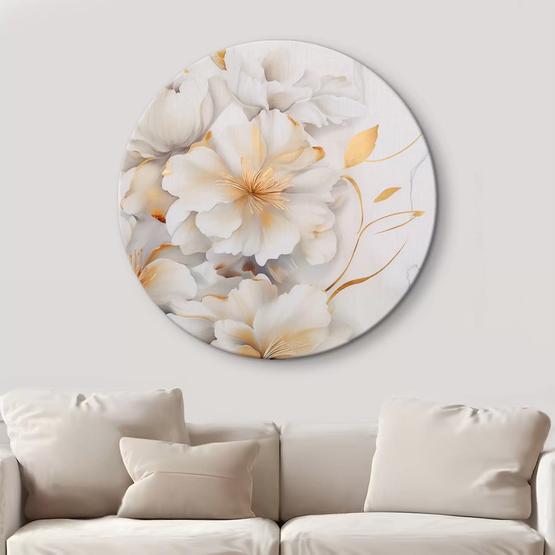 murales de pared Flores blancas con detalles amarillos, pétalos con sombras sutiles, fondo claro con un sutil efecto marmolado r46292