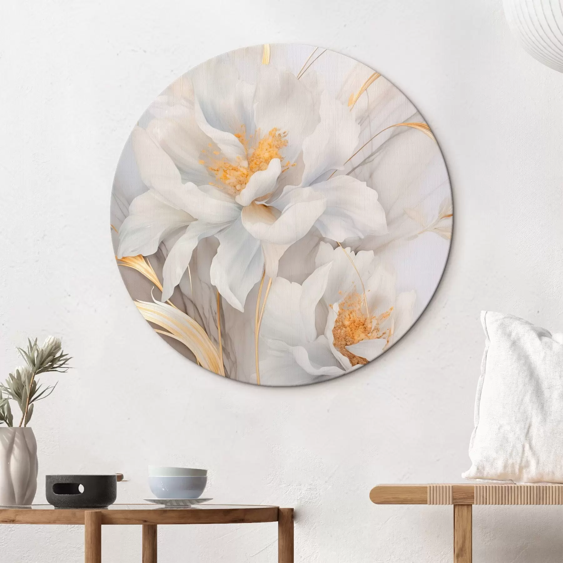 murales de pared Flores blancas con pistilos y tallos amarillos, pétalos delicados, composición elegante, fondo neutro r46293