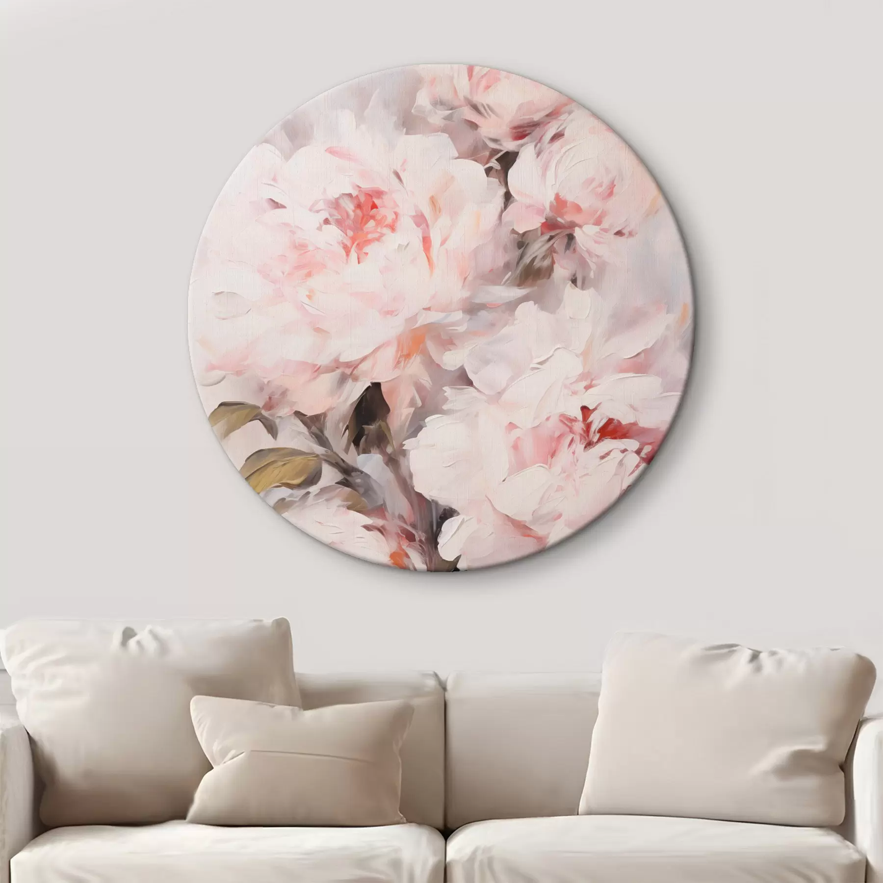 murales de pared Ramo de peonías rosa claro con hojas verdes, pinceladas suaves, colores pastel, sobre un fondo claro r46294