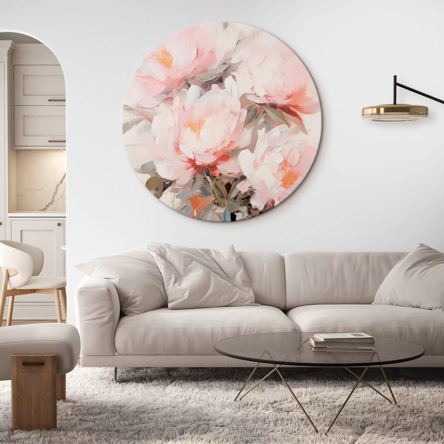 murales de pared Un ramo de peonías rosas y blancas en un jarrón de cristal, pinceladas suaves, colores pastel, fondo neutro r46295