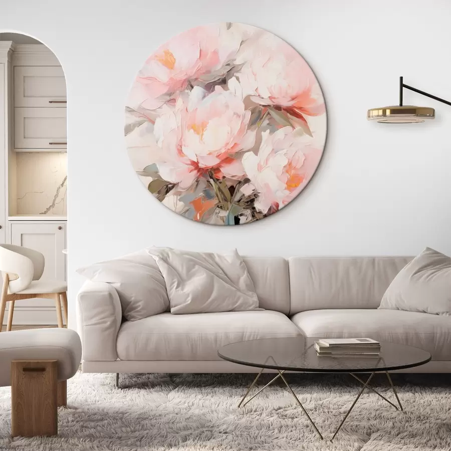 murales de pared Un ramo de peonías rosas y blancas en un jarrón de cristal, pinceladas suaves, colores pastel, fondo neutro r46295