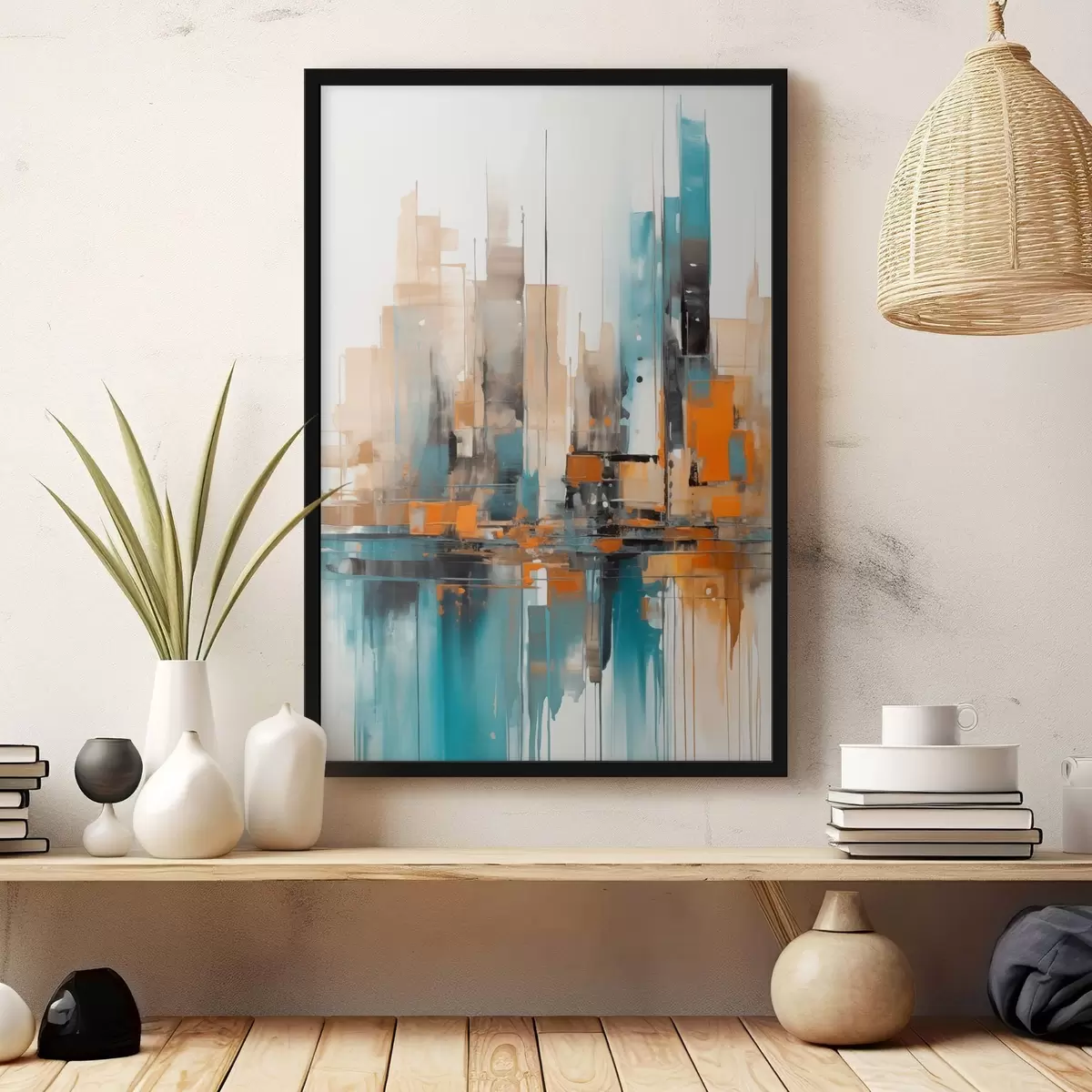 Poster Paisaje urbano abstracto con pinceladas verticales en naranja, verde azulado y marrón, y formas geométricas f46266