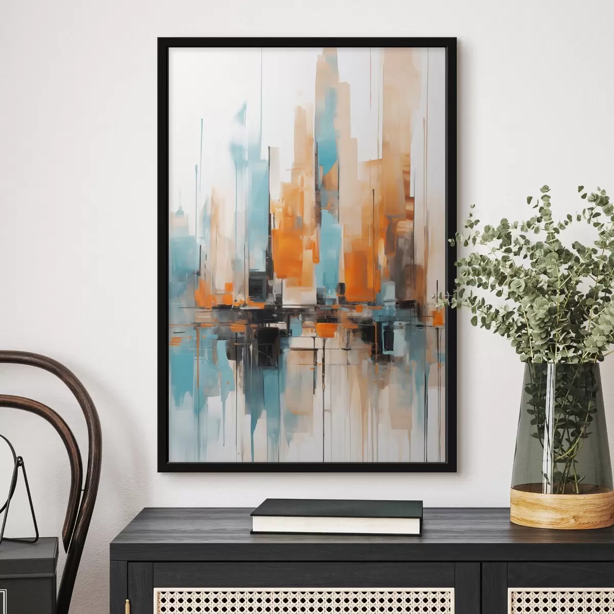 Poster Paisaje urbano abstracto con pinceladas verticales en tonos naranjas, azules y blancos, estilo pictórico f46267