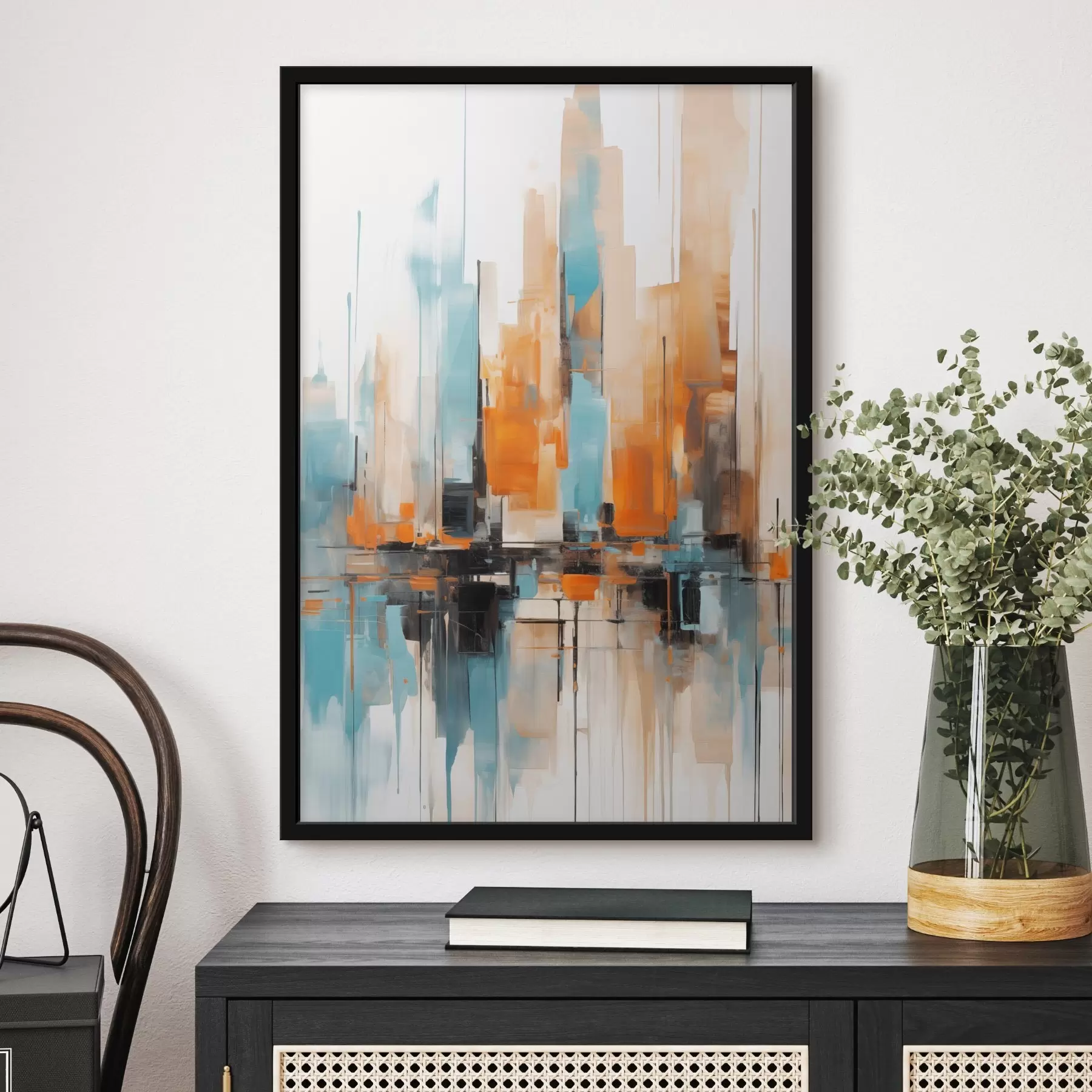 murales de pared Paisaje urbano abstracto con pinceladas verticales en tonos naranjas, azules y blancos, estilo pictórico f46267