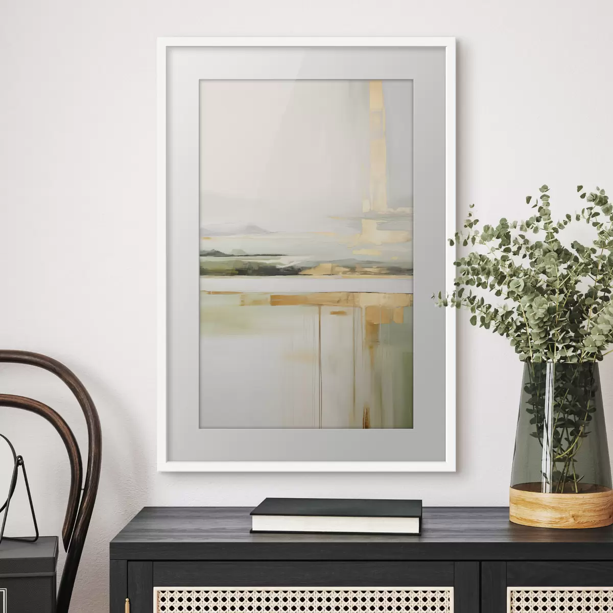 Poster Paisaje abstracto con toques amarillos, una composición minimalista de tierra, agua y cielo, con colores apagados f46268