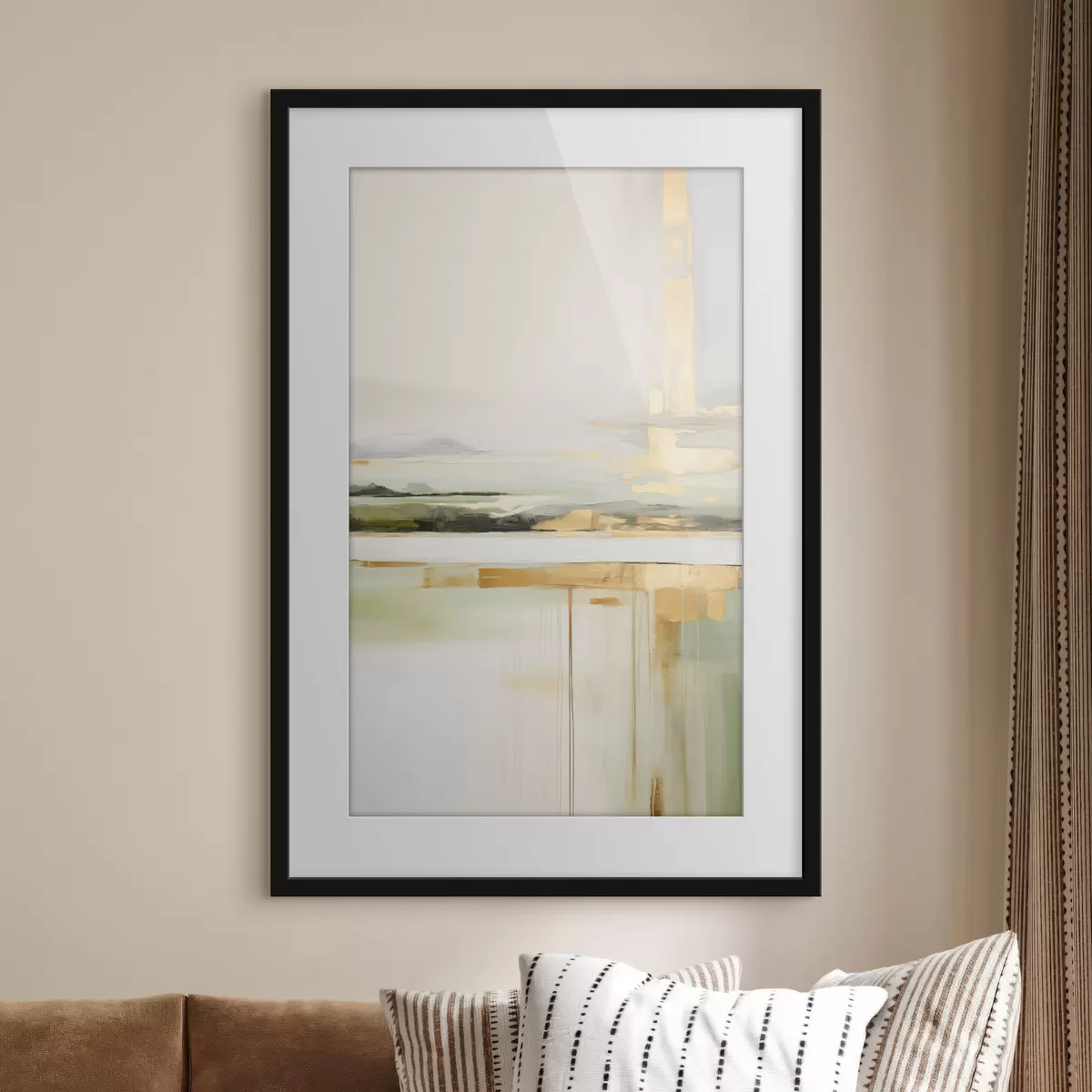 Poster Paisaje abstracto con toques amarillos, una composición minimalista de tierra, agua y cielo, con colores apagados f46268