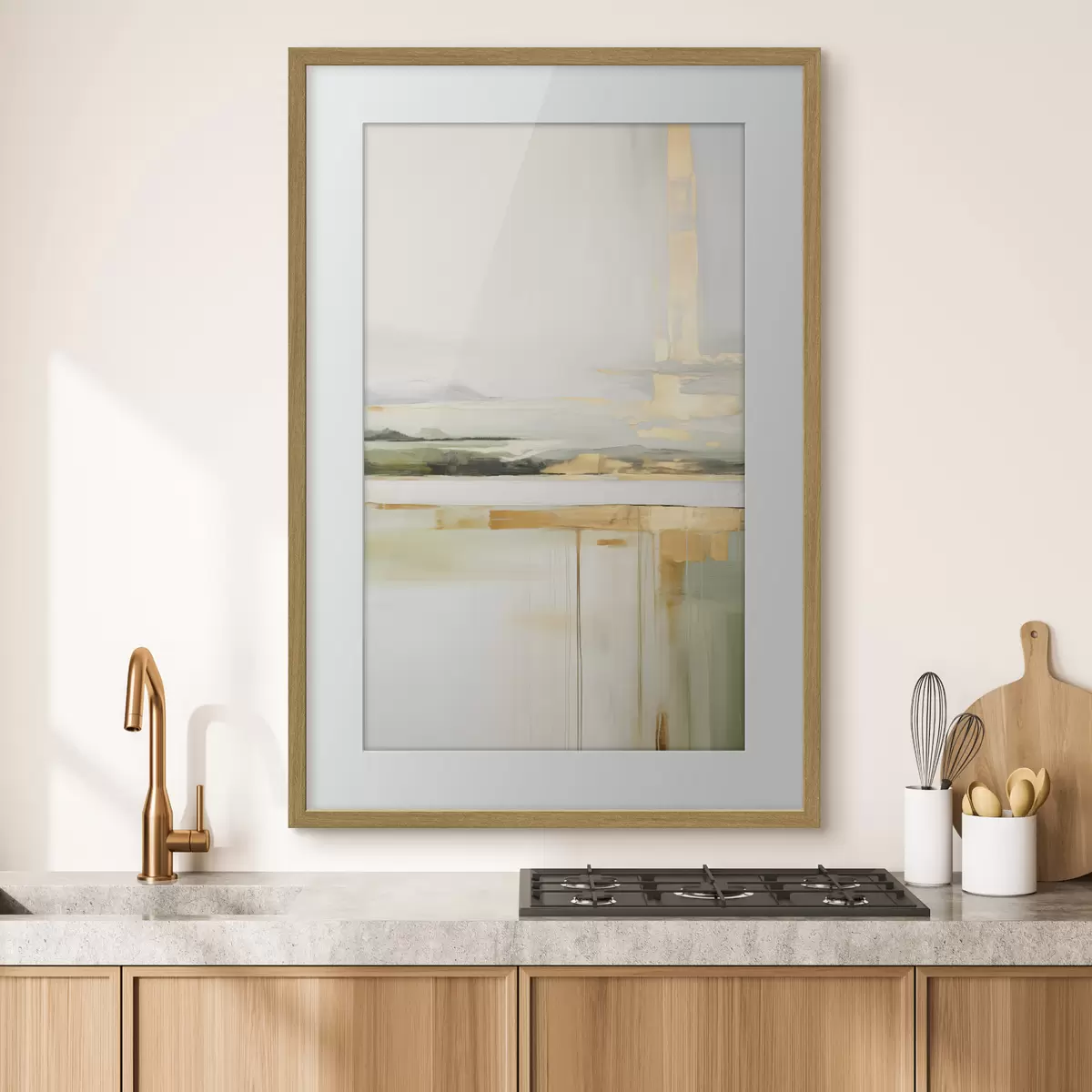 Poster Paisaje abstracto con toques amarillos, una composición minimalista de tierra, agua y cielo, con colores apagados f46268