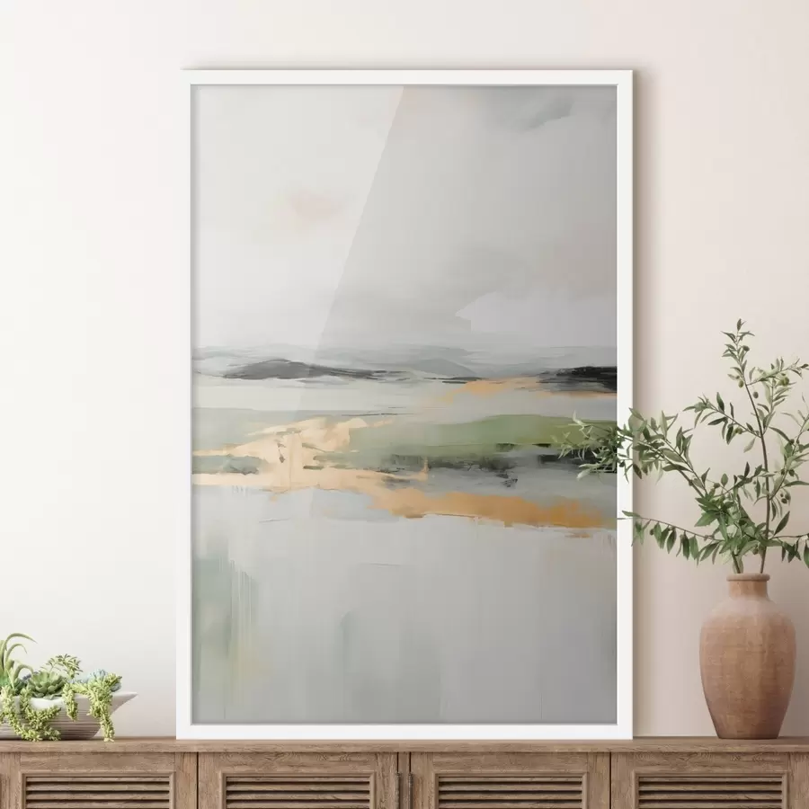 murales de pared Paisaje abstracto con toques amarillos, una composición minimalista de tierra, agua y cielo, con colores apagados f46269