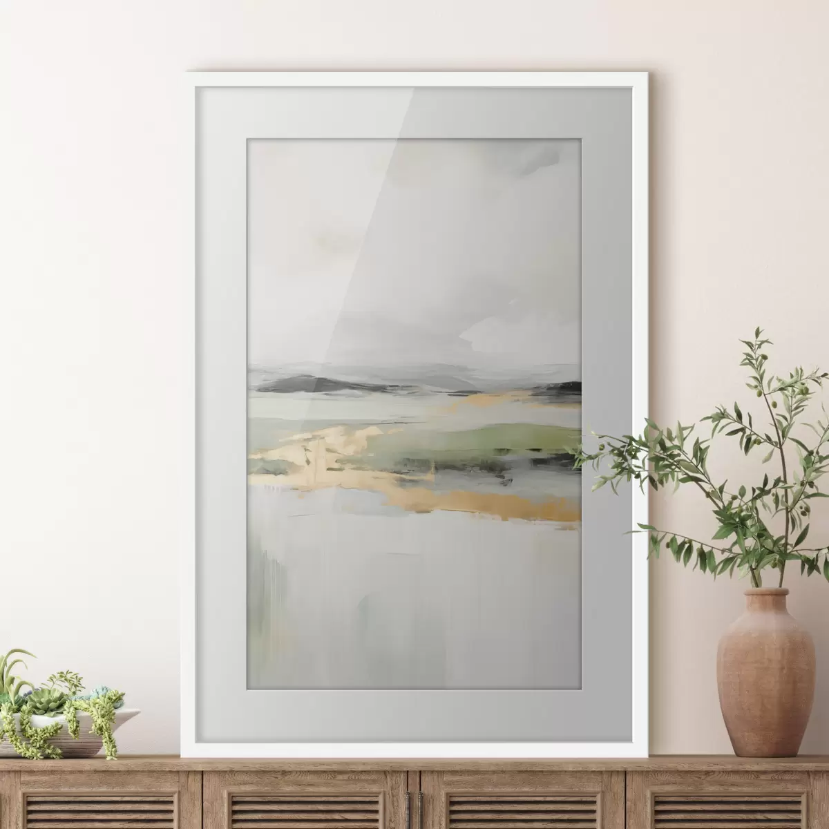 Poster Paisaje abstracto con toques amarillos, una composición minimalista de tierra, agua y cielo, con colores apagados f46269