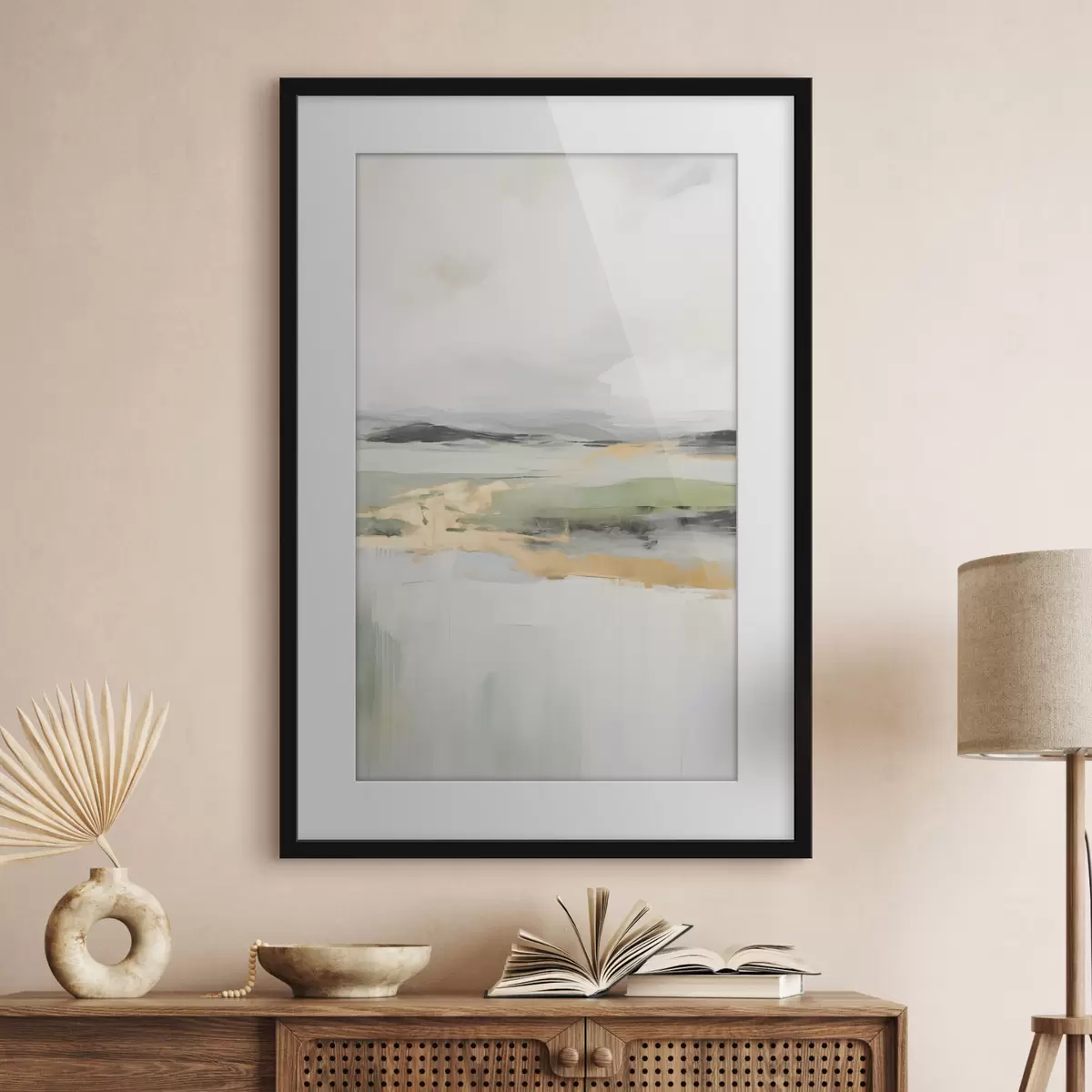 Poster Paisaje abstracto con toques amarillos, una composición minimalista de tierra, agua y cielo, con colores apagados f46269