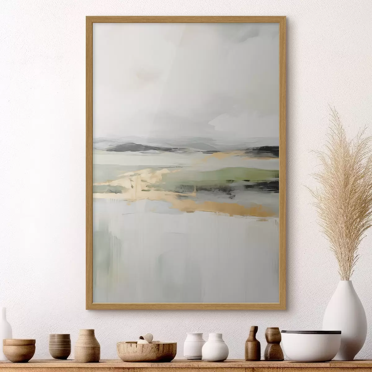 Poster Paisaje abstracto con toques amarillos, una composición minimalista de tierra, agua y cielo, con colores apagados f46269