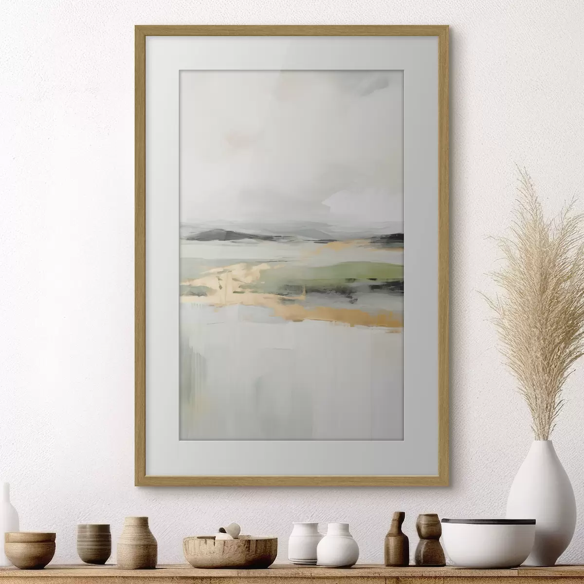 Poster Paisaje abstracto con toques amarillos, una composición minimalista de tierra, agua y cielo, con colores apagados f46269