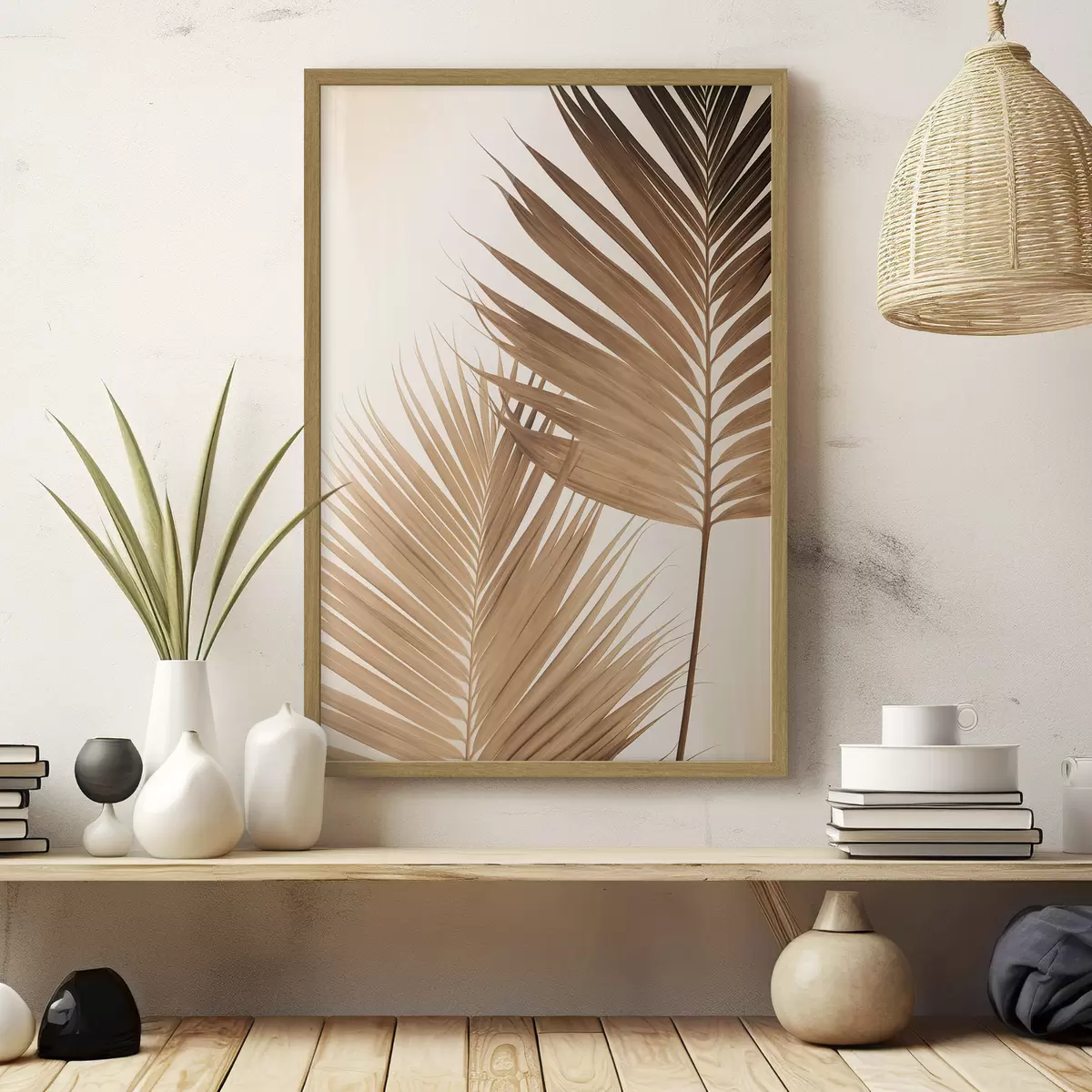 Poster Hojas de palmera en tonos marrones, fondo neutro, estilo minimalista, iluminación natural, ambiente tropical f46274