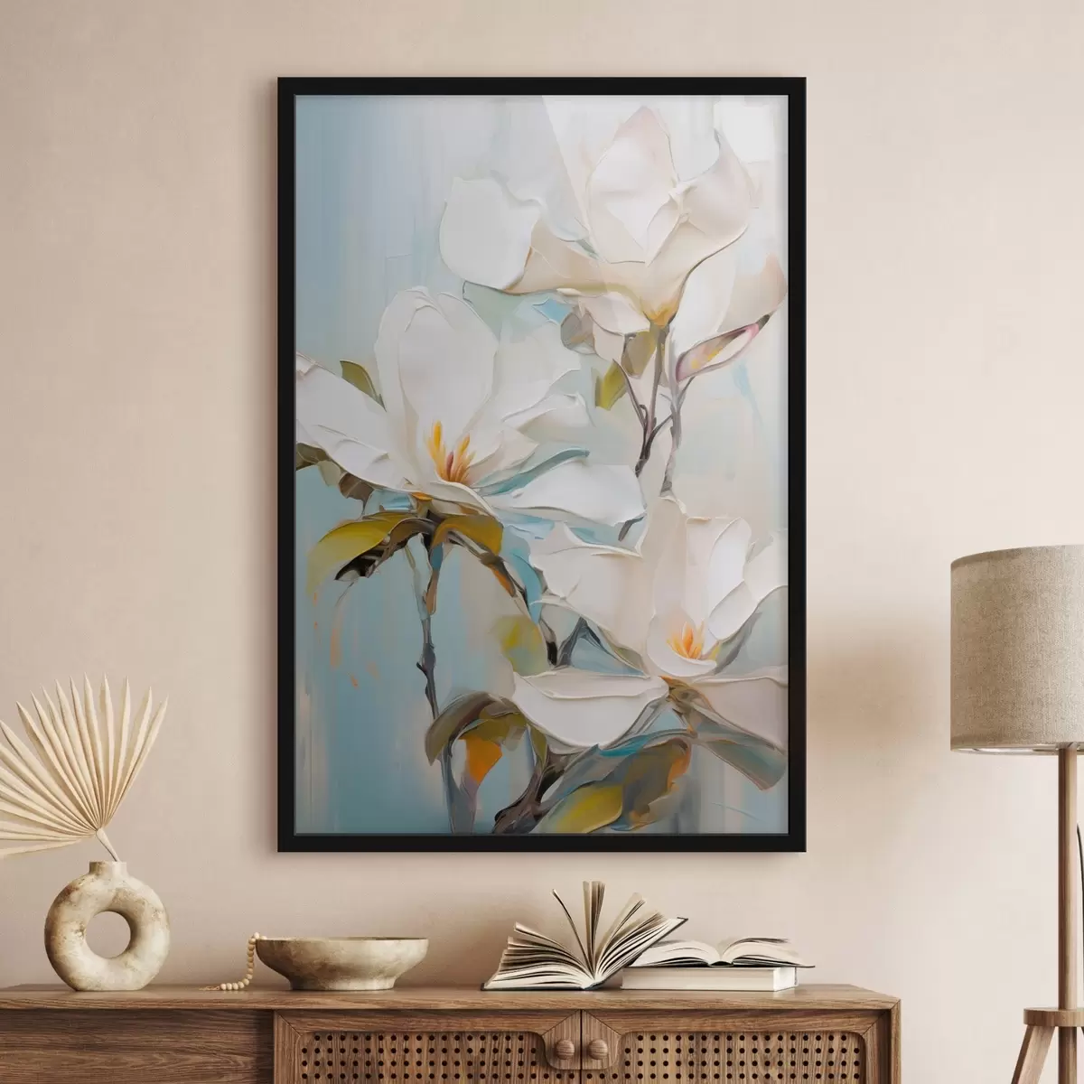 Poster Flores blancas de magnolia, fondo azul claro con suaves pinceladas, estilo pintura al óleo, textura impasto f46276