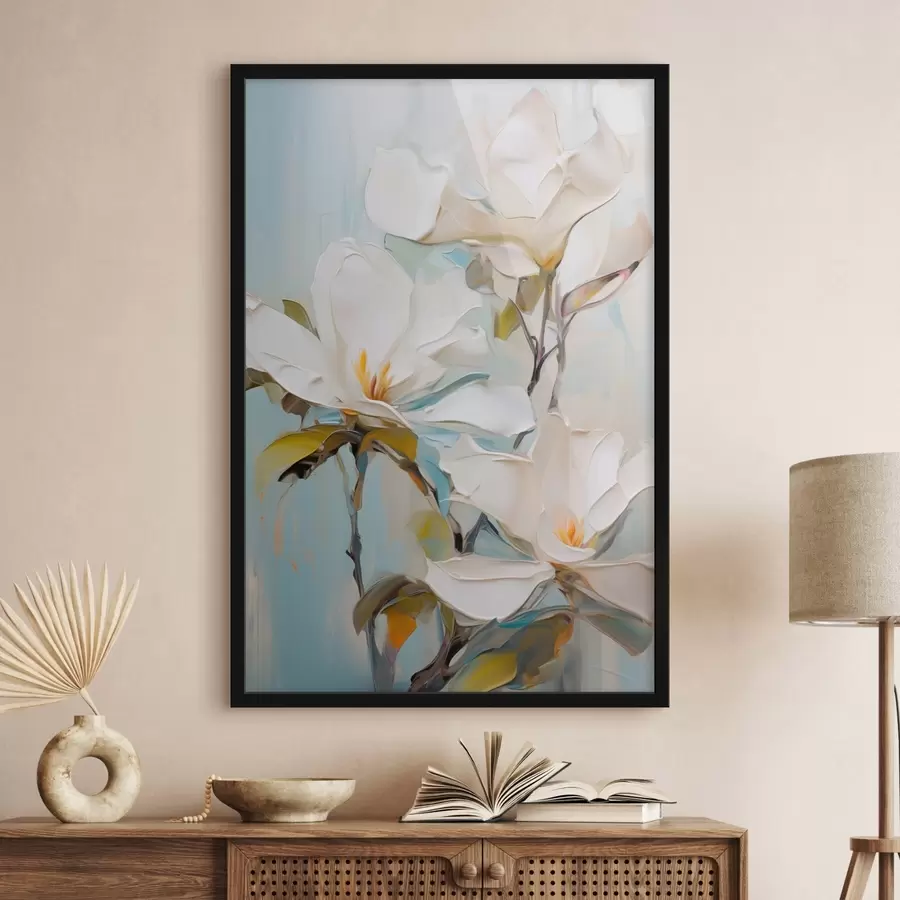 murales de pared Flores blancas de magnolia, fondo azul claro con suaves pinceladas, estilo pintura al óleo, textura impasto f46276