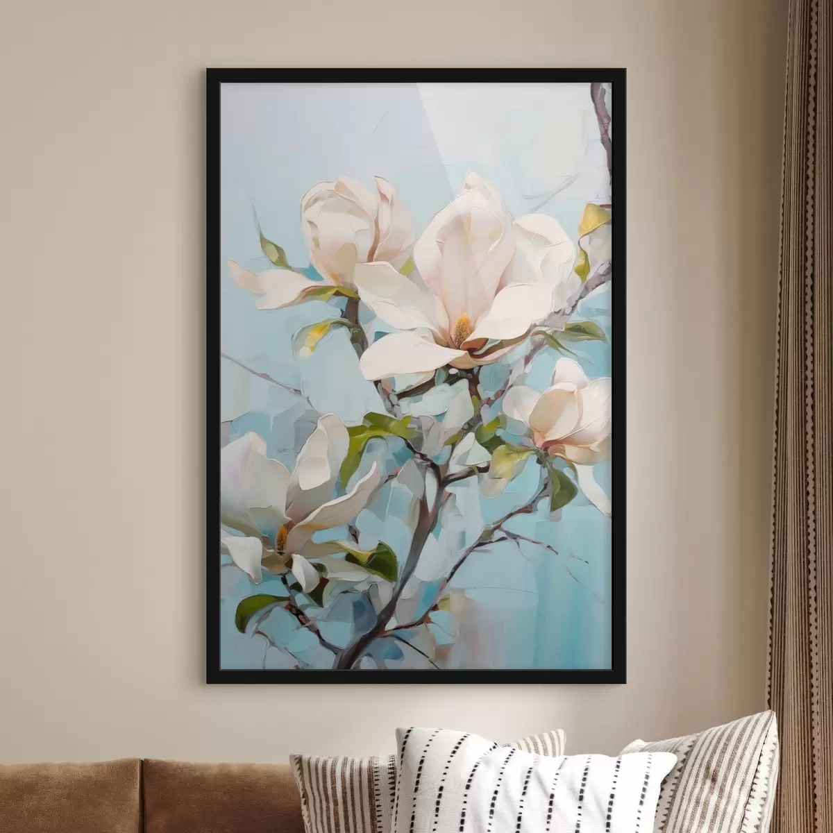 Poster Flores blancas de magnolia, fondo azul claro con suaves pinceladas, estilo pintura al óleo, textura impasto f46277