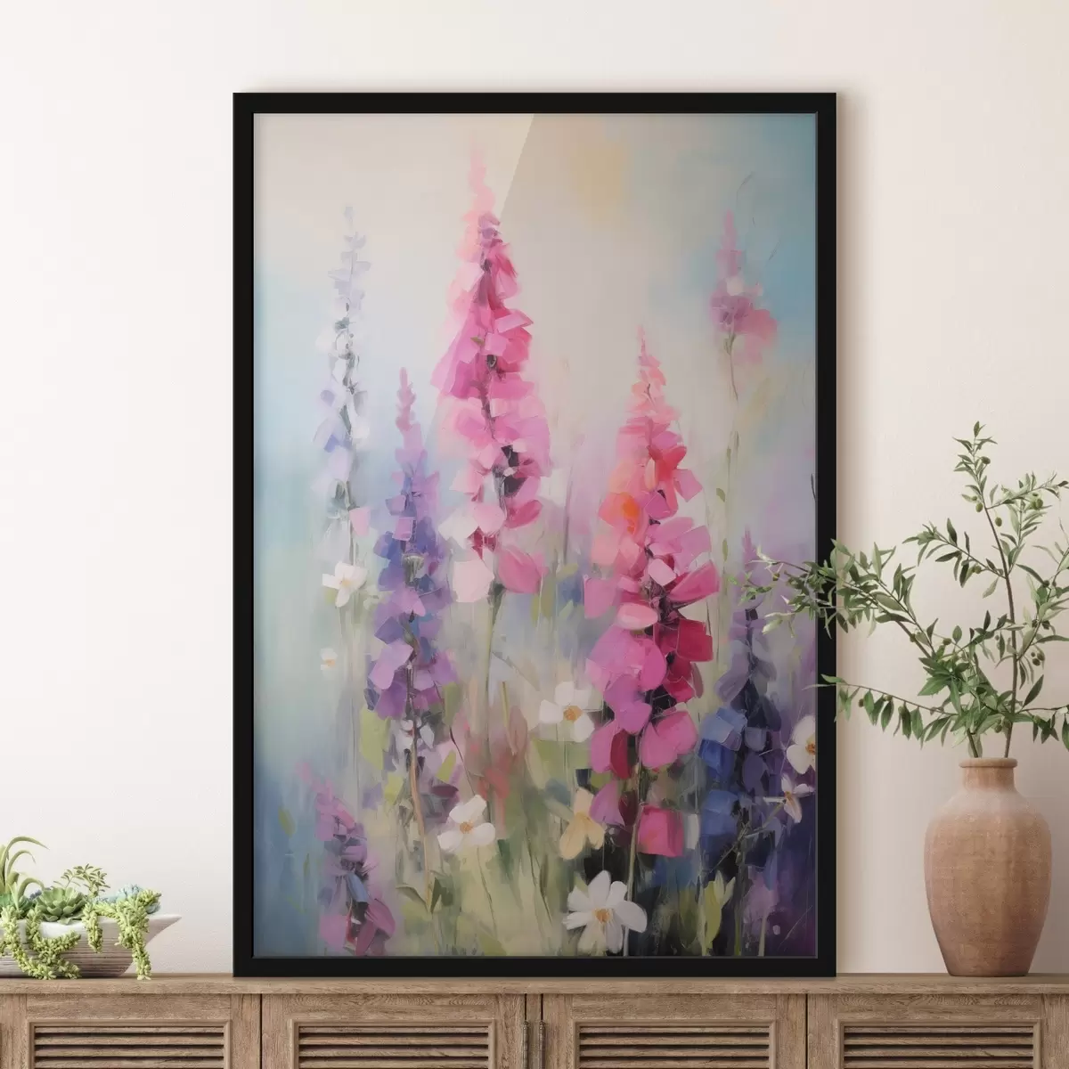 Poster Flores rosas y moradas con margaritas blancas en un campo, pinceladas suaves, colores pastel, estilo impresionista f46279